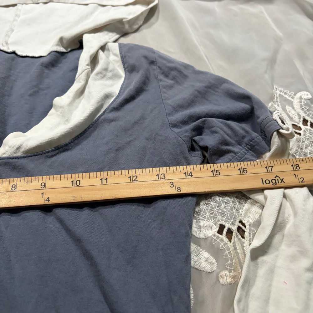 Y2K Workout Layered Look Long Sleeve Hoodie Slate Blue White V-Neck Jersey Top - Picture 4 of 5